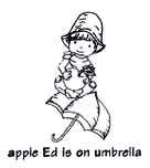 Drawing of boy sitting on umbrella and holding an apple: "apple Ed is on umbrella"