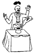 Drawing of magician with toupee above his head and rabbit jumping from hat.