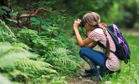 A girl taking photos in the woods